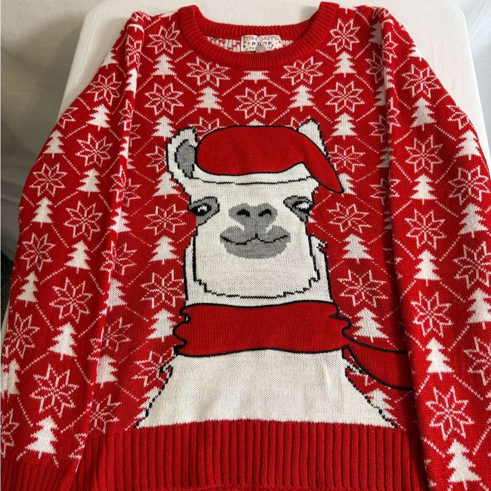 Poof Red and White Snowflake Tree Llama Ugly Christmas Sweater Size Large